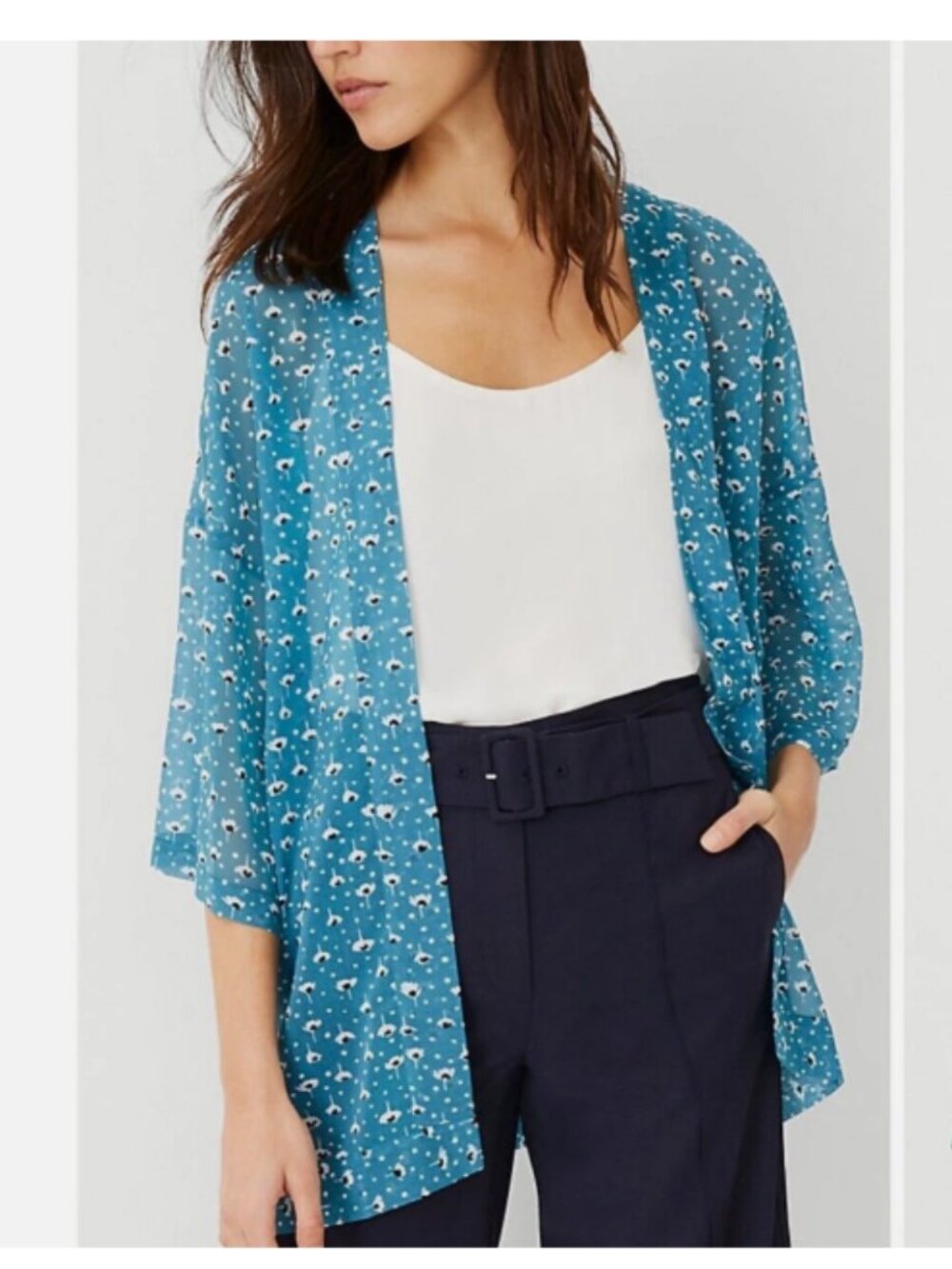 Ann Taylor Blue Floral Print Kimono Sheer Cardigan Topper